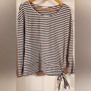 FYVE brand cream and navy long sleeve side tie top